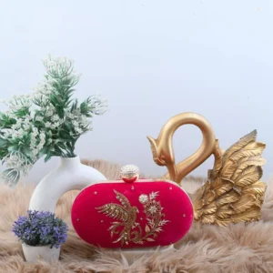 The Empress Bird — Hand-Embroidered Zardozi Pink Velvet Oval Clutch